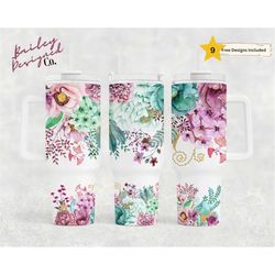 pink and mint floral 40oz tumbler wrap - png tumbler design sublimation designs downloads- flowers seamless sublimation
