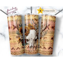 boho bull skull 20 oz skinny tumbler sublimation design digital download png instant digital only, country western tumbl