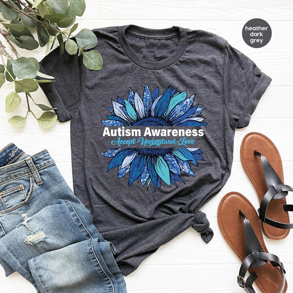 Floral Autism Awareness Shirt, Sunflower Graphic Tees, Autism Mom Gifts, Autism Support VNeck TShirt, Awareness Month Clothing, Gift for Her - 1.jpg
