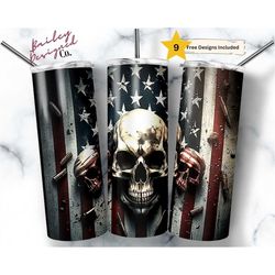 patriotic skulls 20 oz skinny tumbler sublimation design digital download png instant digital only, american flag tumble