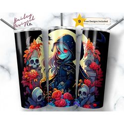 chibi goth girl 20 oz skinny tumbler sublimation design digital download png instant digital only, anime skulls tumbler