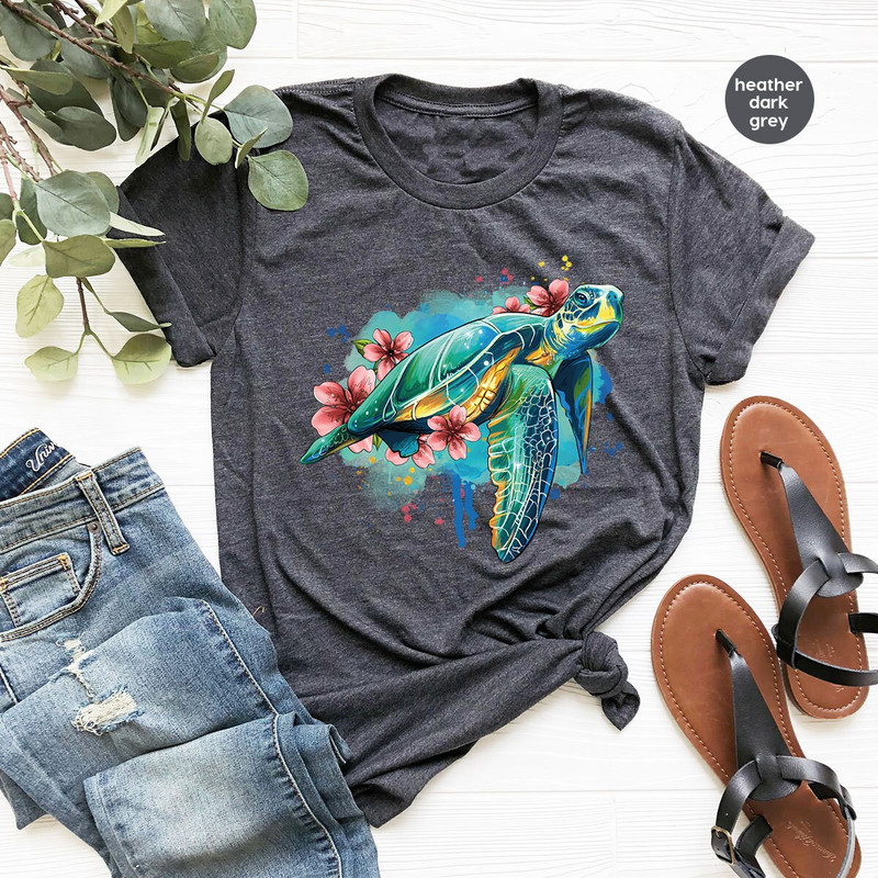 Floral Turtle Shirt, Sea Turtle Graphic Tees, Sea Animals Gifts, Trendy Oceans Clothing, Save the Turtles VNeck Shirt, Cute Gifts for Kids - 3.jpg
