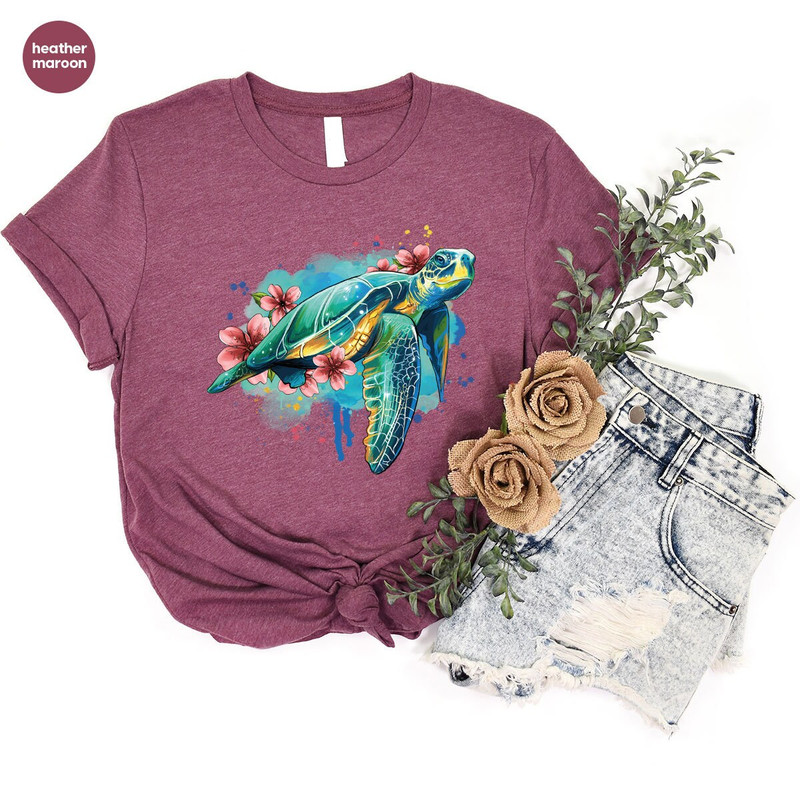 Floral Turtle Shirt, Sea Turtle Graphic Tees, Sea Animals Gifts, Trendy Oceans Clothing, Save the Turtles VNeck Shirt, Cute Gifts for Kids - 5.jpg