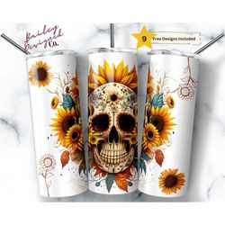 calavera sunflower 20 oz skinny tumbler sublimation design digital download png instant digital only, sugar skull tumble