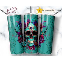 calavera floral 20 oz skinny tumbler sublimation design digital download png instant digital only, sugar skull tumbler
