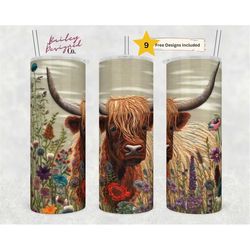 embroidered highland cow 20 oz skinny tumbler sublimation design digital download png instant digital only, embroidery c