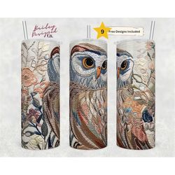 embroidered owl 20 oz skinny tumbler sublimation design digital download png instant digital only, embroidery owl flower