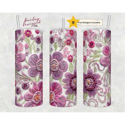 embroidered seamless pink and purple floral 20 oz skinny tumbler sublimation design digital download png instant only, e