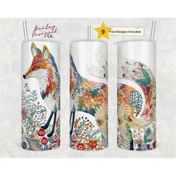 embroidered fox 20 oz skinny tumbler sublimation design digital download png instant digital only, embroidery fox tumble