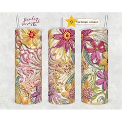embroidered seamless yellow and pink floral 20 oz skinny tumbler sublimation design digital download png instant only, e