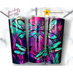 stained glass neon dragonflies 20 oz skinny tumbler sublimation design digital download png instant digital only, bright