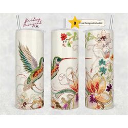 embroidered hummingbird 20 oz skinny tumbler sublimation design digital download png instant digital only, embroidery hu