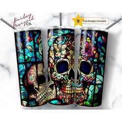 stained glass sugar skulls 20 oz skinny tumbler sublimation design digital download png instant digital only, cinco de m