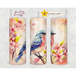 watercolor bluebird 20 oz skinny tumbler sublimation design digital download png instant digital only, nature bird tumbl