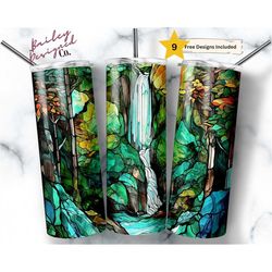 stained glass waterfalls 20 oz skinny tumbler sublimation design digital download png instant digital only, nature fores