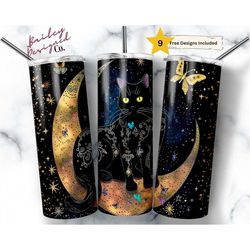 black cat 20 oz skinny tumbler sublimation design digital download png instant digital only, moon phase witchy celestial