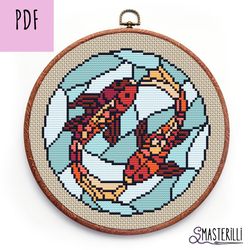 Koi fishes cross stitch pattern PDF , easy cross stitch for beginners, gold fish embroidery design, modern hoop art 0129