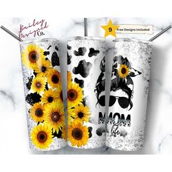 mom life sunflower 20 oz skinny tumbler sublimation design digital download png instant digital only, cow print tumbler