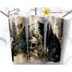 black cat and skull 20 oz skinny tumbler sublimation design digital download png instant digital only, witchy vibes tumb