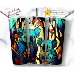 stained glass koalas  20 oz skinny tumbler sublimation design digital download png instant digital only, australian anim