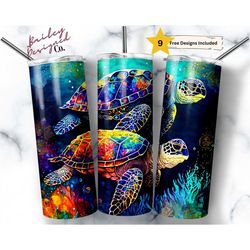 alcohol ink sea turtles 20 oz skinny tumbler sublimation design digital download png instant digital only, ocean tumbler