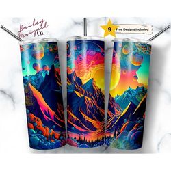 neon space mountains 20 oz skinny tumbler sublimation design digital download png instant digital only, new age colorful