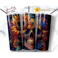 magical skull and sunflowers 20 oz skinny tumbler sublimation design digital download png instant digital only, skeleton