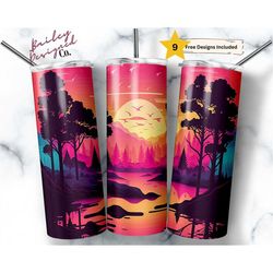 neon sunset forest and river 20 oz skinny tumbler sublimation design digital download png instant digital only, nature t