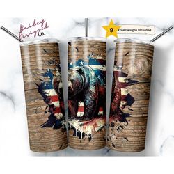 rustic bear 20 oz skinny tumbler sublimation design digital download png instant digital only, american patriotic flag t