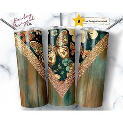 retro boho 20oz sublimation tumbler designs, floral butterfly v split 9.2 x 8.3 straight skinny tumbler wrap png, boho t