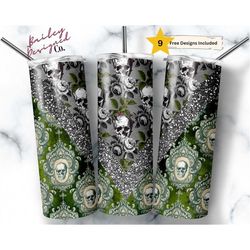 skulls 20oz sublimation tumbler designs, floral v split 9.2 x 8.3 straight skinny tumbler wrap png, gothic skeleton tumb