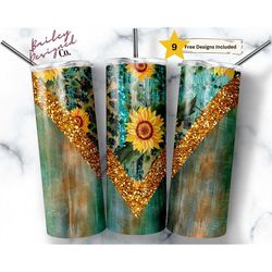 rustic sunflower 20oz sublimation tumbler designs, floral glitter v split 9.2 x 8.3 straight skinny tumbler wrap png