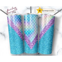 mermaid 20oz sublimation tumbler designs, ocean v split 9.2 x 8.3 straight skinny tumbler wrap png, holographic scales t
