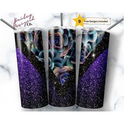 succulent 20oz sublimation tumbler designs, purple glitter floral v split 9.2 x 8.3 straight skinny tumbler wrap png,  f