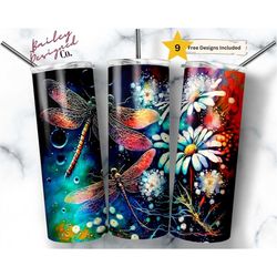 alcohol ink daisies and dragonflies 20 oz skinny tumbler sublimation design digital download png instant digital only, n