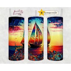 alcohol ink sailboat 20 oz skinny tumbler sublimation design digital download png instant digital only, ocean sunset tum