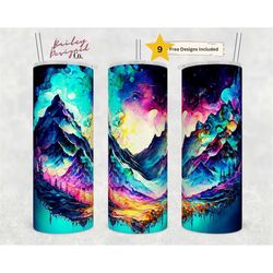 alcohol ink northern lights mountains 20 oz skinny tumbler sublimation design digital download png instant digital only,