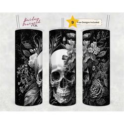 black and white tattoo floral skull 20 oz skinny tumbler sublimation design digital download png instant digital only, s