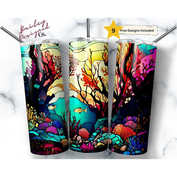 Stained Glass Coral Reef 20 oz Skinny Tumbler Sublimation De - Inspire  Uplift