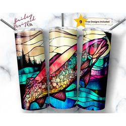 stained glass salmon fish 20 oz skinny tumbler sublimation design digital download png instant digital only, nature anim
