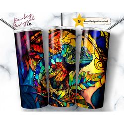 stained glass chameleon 20 oz skinny tumbler sublimation design digital download png instant digital only, nature animal