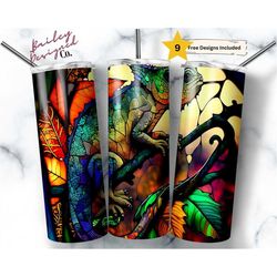 stained glass chameleon 20 oz skinny tumbler sublimation design digital download png instant digital only, nature animal