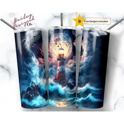 magical lighthouse 20 oz skinny tumbler sublimation design digital download png instant digital only, stormy ocean tumbl