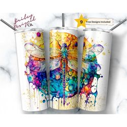 alcohol ink dragonflies  20oz skinny tumbler sublimation design templates, dragonfly tumbler straight png digital downlo