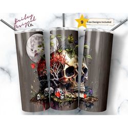 watercolor skull 20 oz skinny tumbler sublimation design digital download png instant digital only, red moon tumbler wra