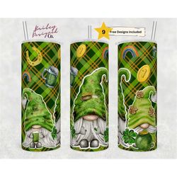 st.patrick's day tumbler design, lucky gnomes 20oz skinny straight tumbler wrap, green plaid print digital download png