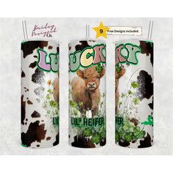 st.patrick's day tumbler design, lucky heifer 20oz skinny straight tumbler wrap, shamrocks  digital download png sublima