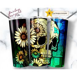 stained glass skull and daisies 20 oz skinny tumbler sublimation design digital download png instant digital only, gothi