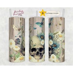 skull tumbler, halloween 20 oz skinny tumbler sublimation design spooky butterfly straight template, floral daisy tumble