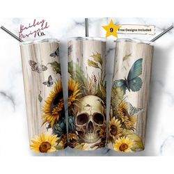 skull tumbler, halloween 20 oz skinny tumbler sublimation design spooky butterfly straight template, floral sunflower tu